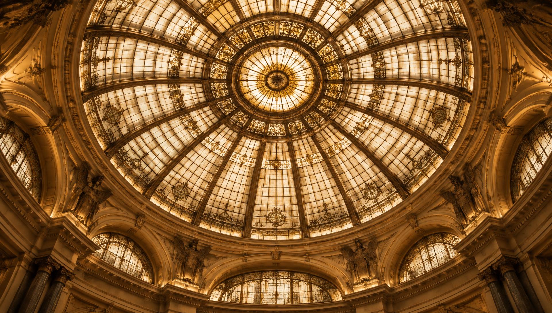 Ornate gilded dome ceiling of a historic banking hall
